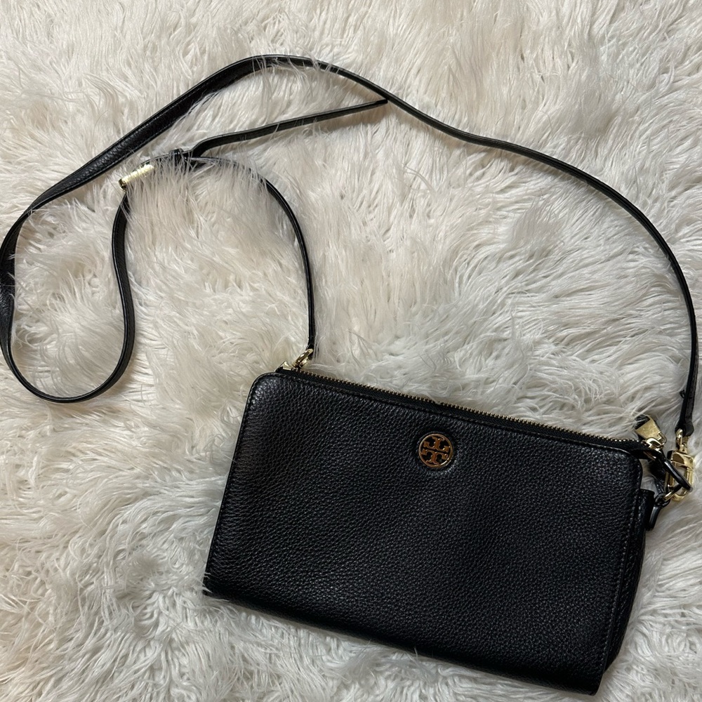Tory Burch Black Crossbody - pebbled leather and gold metal accents